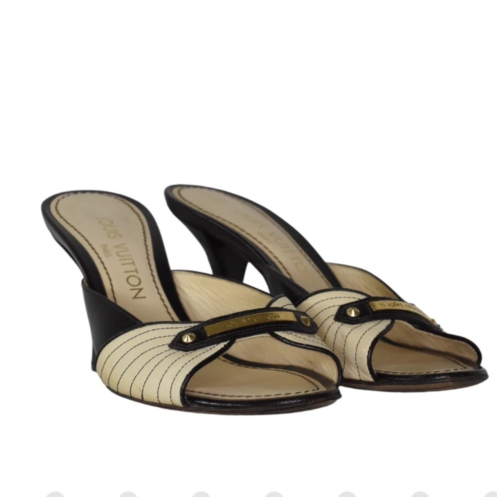 Louis Vuitton Vintage cream black mid heel mules sandals slides EU 38 - Picture 2 of 10